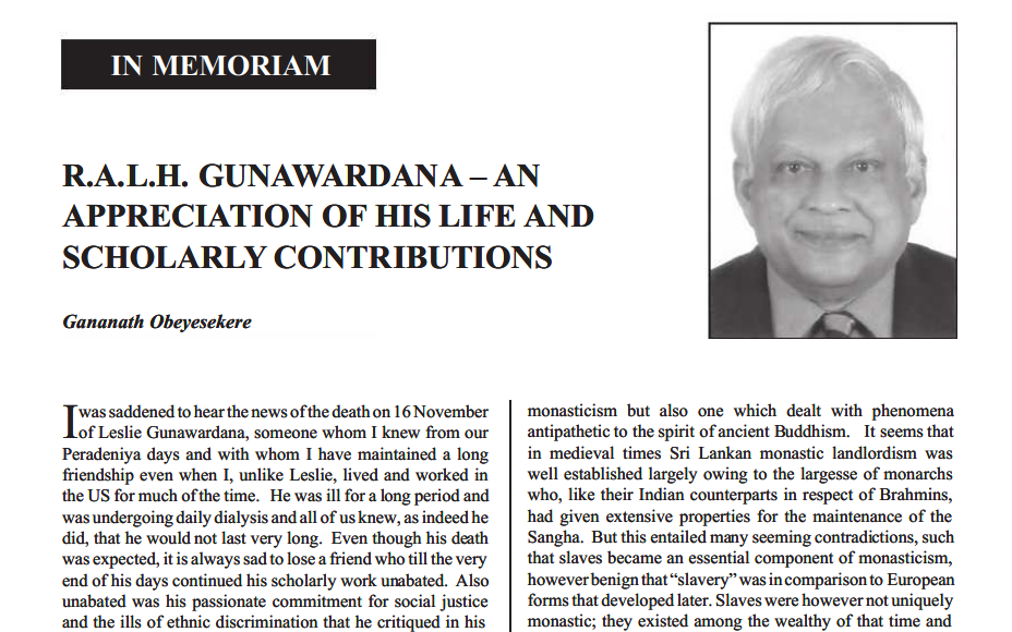 R.A.L.H. Gunawardana – An Appreciation of His Life and Scholarly Contributions  Gananath Obeyesekere