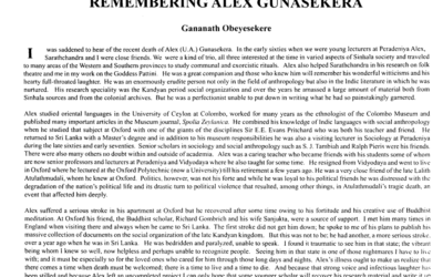 Remembering Alex Gunasekera  Gananath Obeyesekere