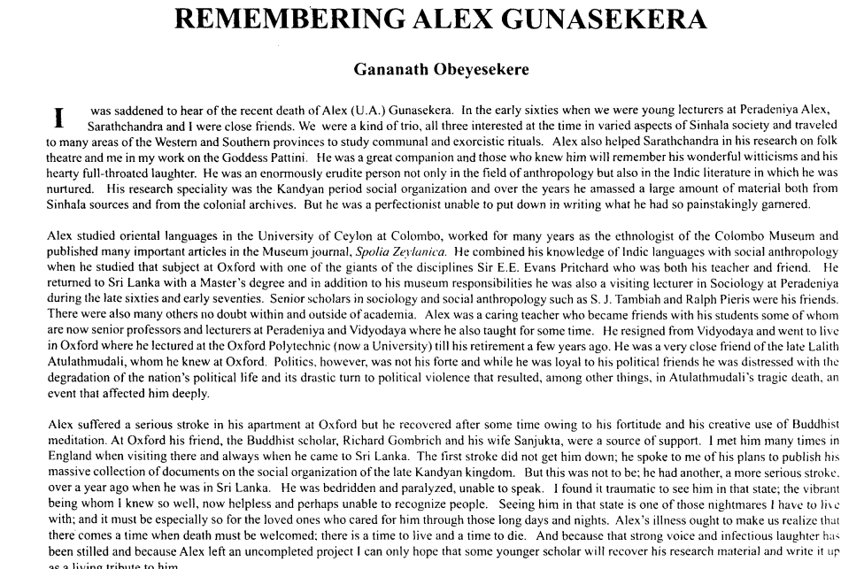 Remembering Alex Gunasekera  Gananath Obeyesekere